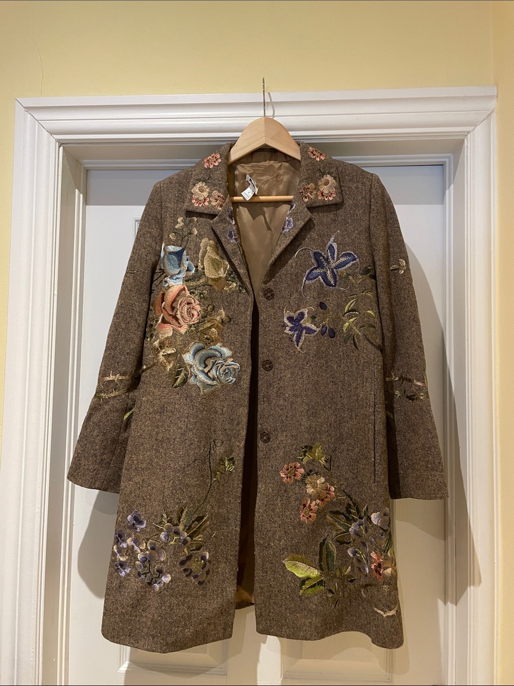 Wearable art Embroidered Wool Blend Transitional Coat Boho Romantic 12P